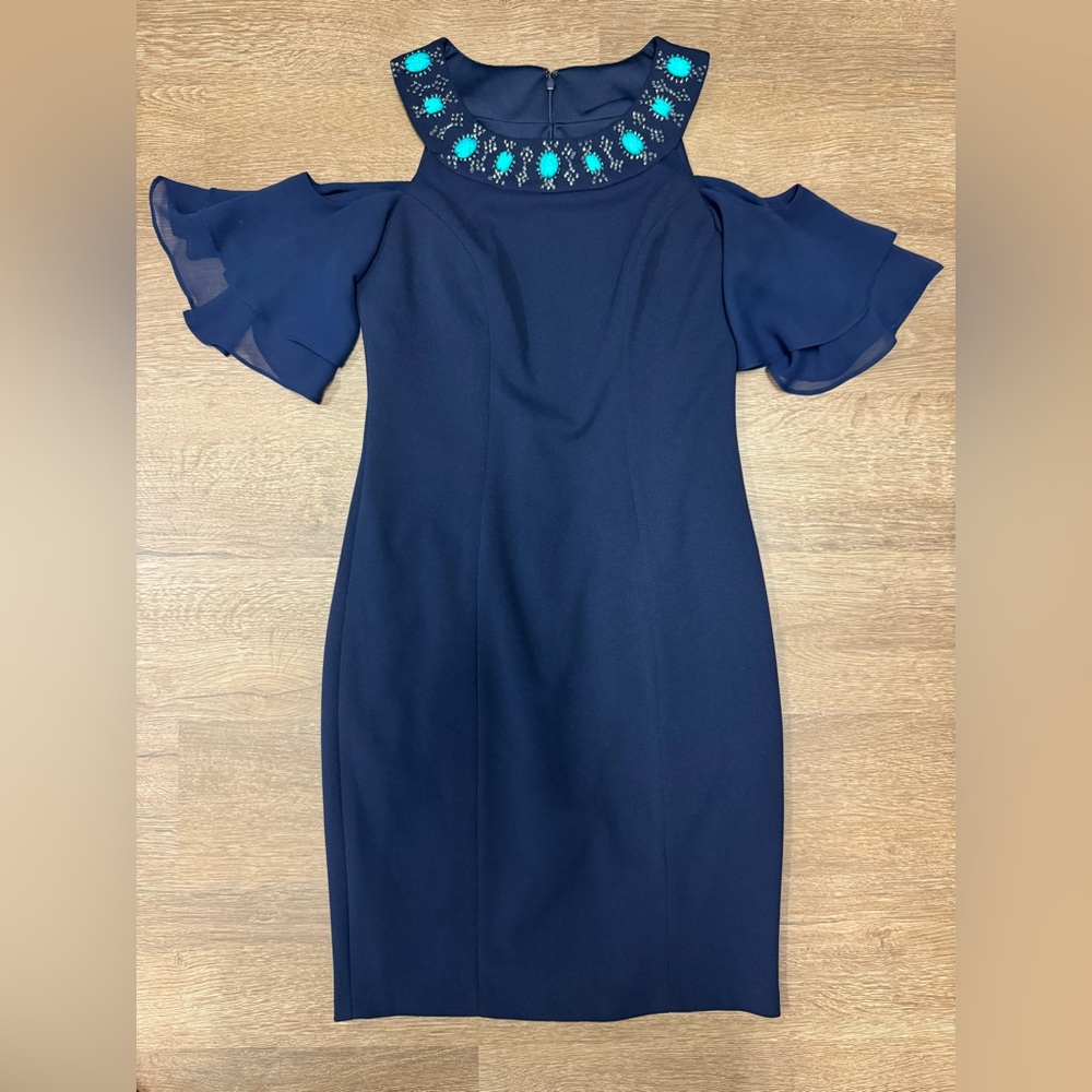 Signature by Sangria Navy Dress with Teal Embroidery